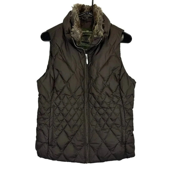 Eddie Bauer Goose Down Puffer Vest Women's Small Brown Full Zip Pockets Faux Fur - Picture 1 of 8